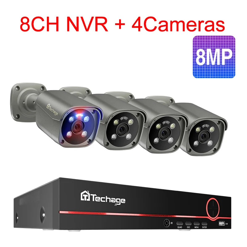 Techage 8CH 5MP 8MP Security Camera System 4K HD POE IP Camera Kit Two Way Audio Face Detect Metal Outdoor Video Surveillance - QUORE