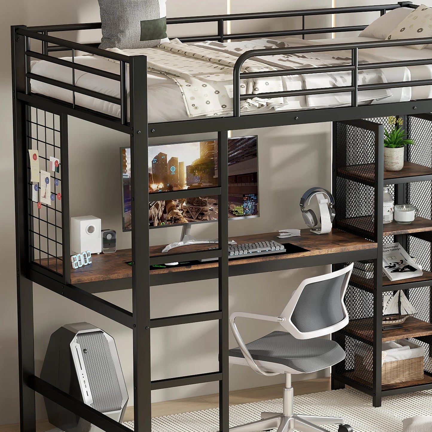 Hoogslaper – Hoogbed – Stapelbed – Combibed – Bedframe – Metaal En Hout – 90x200 cm – Met Bureau En Open Legplanken