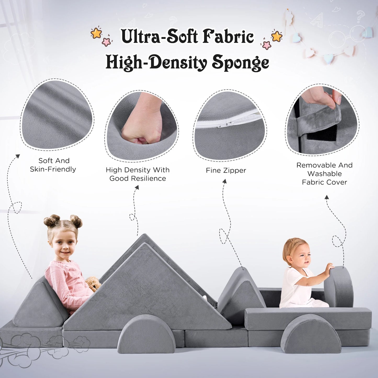 Speelbankje – Kinderbank – Kindersofa – Kinderstoel – Speelgoedbank – 14-delig – Modulaire Set Met Wasbare Flanellen Hoezen