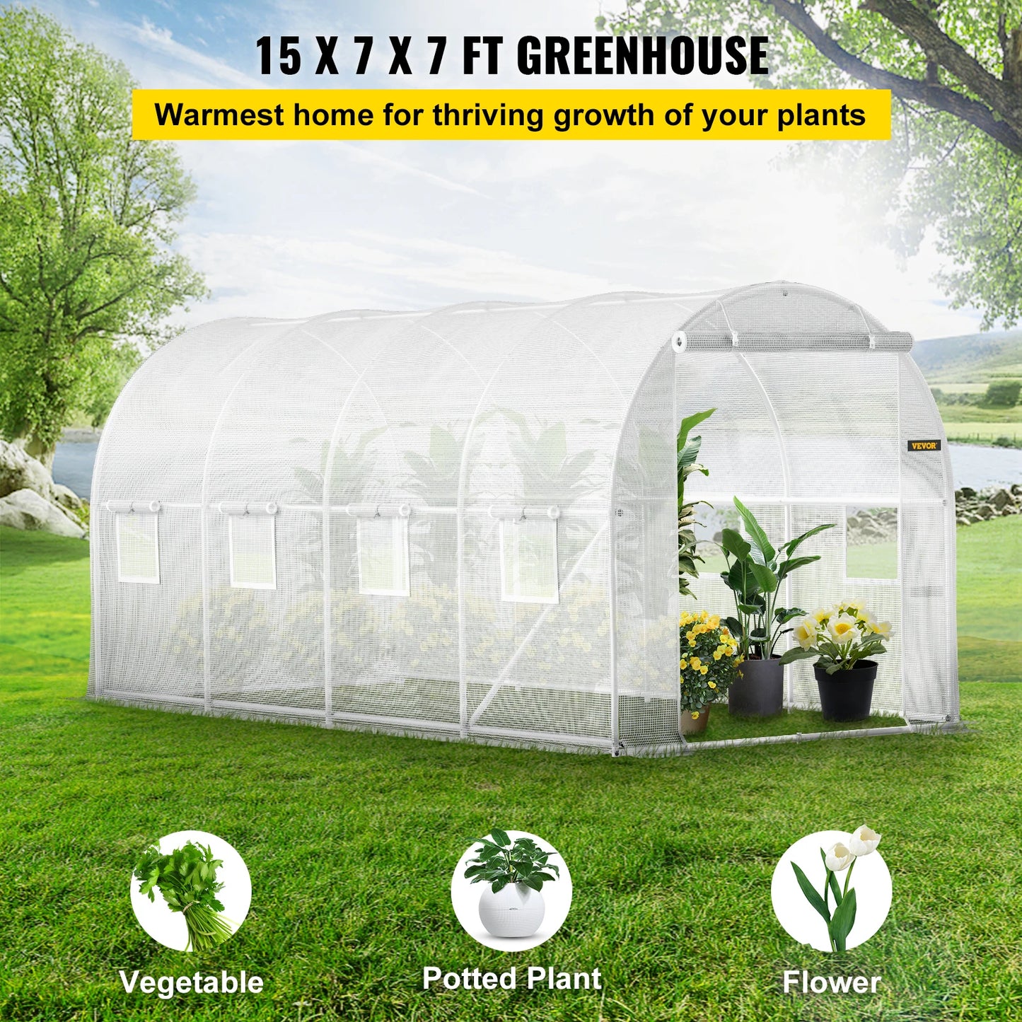 Tuinkas - Broeikas - Tunnelkas met PE Waterdichte Hoes - 15x7x7 ft - Gegalvaniseerd Staal - Wit - Draagbaar - Kas - Serre - Kweekkas - Foliekas - Groentekas - Tomatenkas - Voor Tuin en Plantbescherming