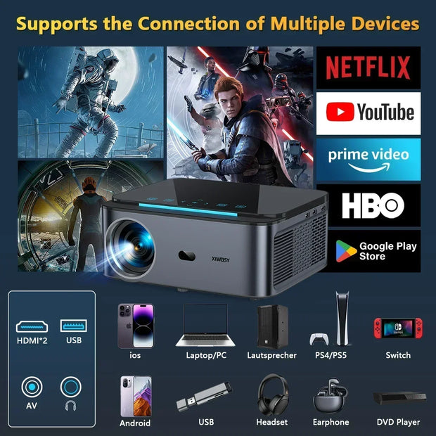 Xiwbsy - 8G Manual Focus1 - Beamer - Projector Beamer - Mini Meamer - 4k - Full HD 1080P - 1920x1080dpi - Automatic focus - with WiFi - 25000Lumens - 108W - Black