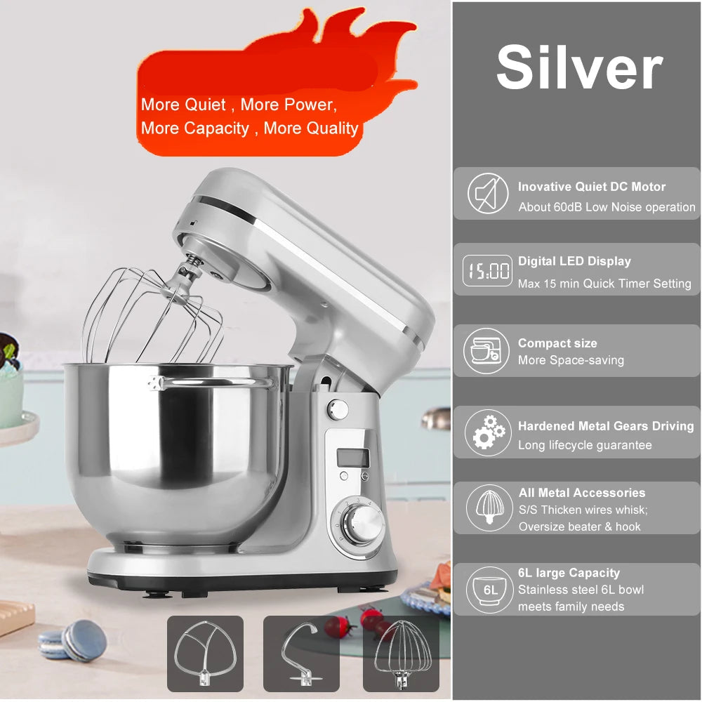 Keukenmixer - Keukenmachine - Foodprocessor - Keukenrobot - LED Display - 6 Snelheden - 1200W - Stil DC-Motor - Elektrische Foodmixer - Zilver