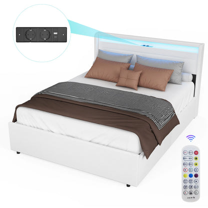 Modern Dubbelbed – Tweepersoonsbed – Bedframe – Opbergbed – Led Bed – Met LED-Verlichting – USB- en Type-C Aansluitingen – 160x200 cm – Wit Kunstleer - QUORE