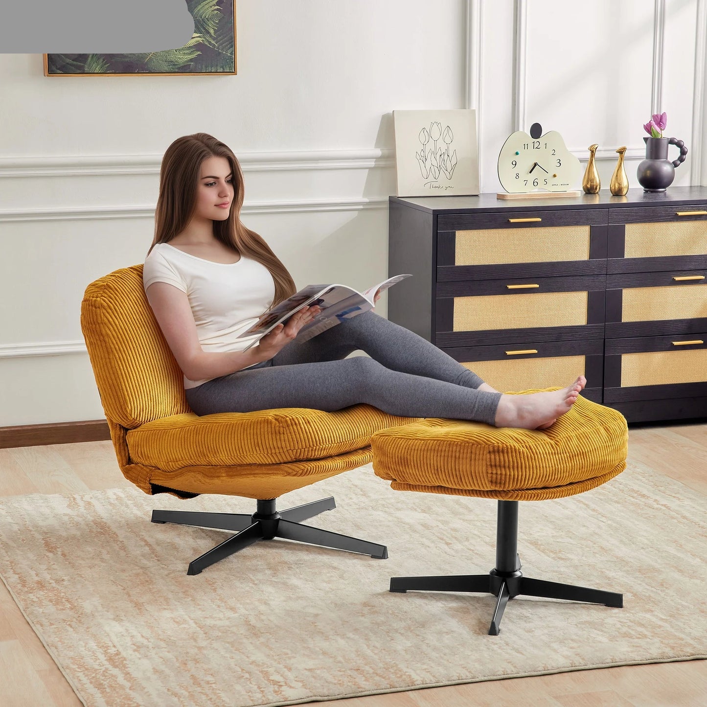 Relaxstoel - Schommelstoel - Fauteuil - Loungestoel - Moderne Vouwbare Accent Stoel -  360° Draaibaar Tufted Luil stoel - met Dikke Kussen en Ottoman voor Woonkamer - Groen - QUORE