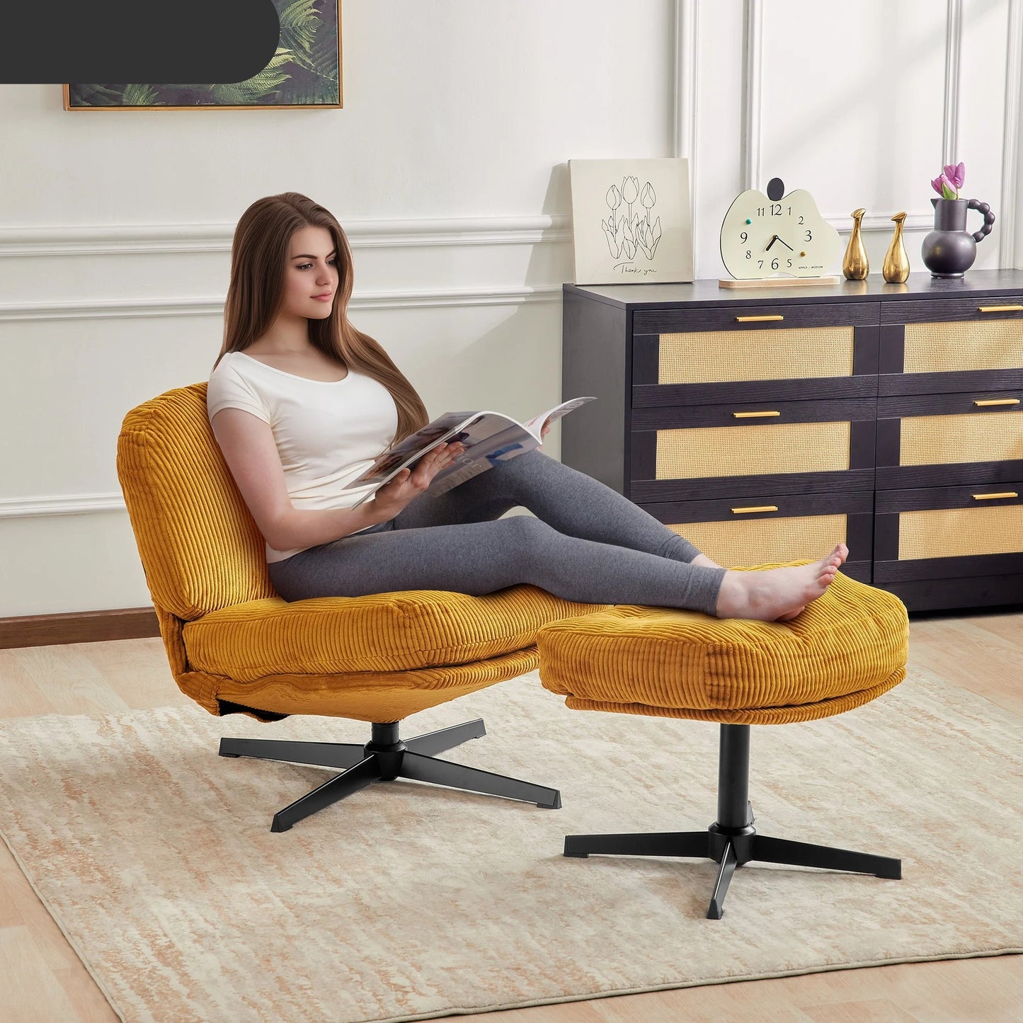 Relaxstoel - Schommelstoel - Fauteuil - Loungestoel - Moderne Vouwbare Accent Stoel -  360° Draaibaar Tufted Luil stoel - met Dikke Kussen en Ottoman voor Woonkamer - Chocolade