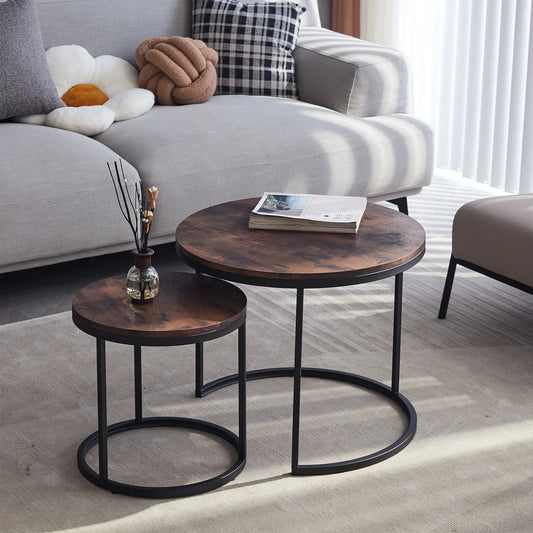 Tafel - 2pcs - Scandinavische Ronde Tafel - Modern Minimalistisch - Massief Houten Deksel - Stalen Frame - L60 x B60 x H44.5cm (Groot)- L40 x B40 x H34.5cm (Klein) - Fire Cloud