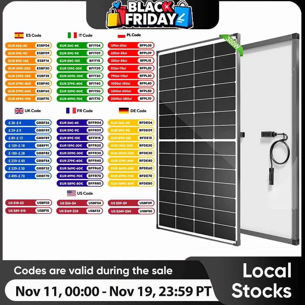 WERCHTAY 300W High Efficiency 25% Solar Panel 10BB N-Type Cell for Home Rooftop RV Motorhome and Off Grid Applications