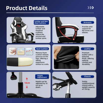 Gamingstoel – Bureaustoel – Gamestoel – Deskchair – Ergonomische Stoel – Verstelbare Rugleuning – Ademend PU-Leder – Blauw