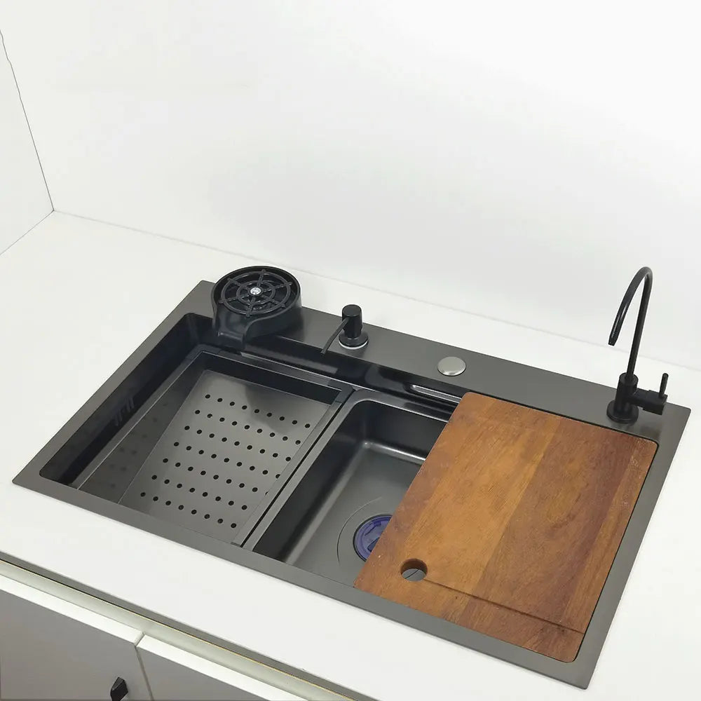 RVS Aanrechtspoelbak – Keukenspoelbak – Ingebouwde Spoelbak – Enkele Spoelbak – Topmount Spoelbak – Anti-Kras Honeycomb Nano-Technologie – Waterval Kraan 75x46 cm Links Drain