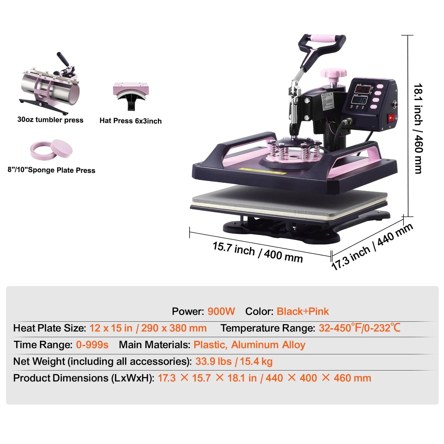 5-in-1 Multifunctioneel Warmtepers – Transferpers – Textielpers – Sublimatiepers – T-shirtpers – 12x15 inch – Met Digitale Timer - Roze
