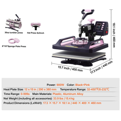 5-in-1 Multifunctioneel Warmtepers – Transferpers – Textielpers – Sublimatiepers – T-shirtpers – 12x15 inch – Met Digitale Timer - Roze