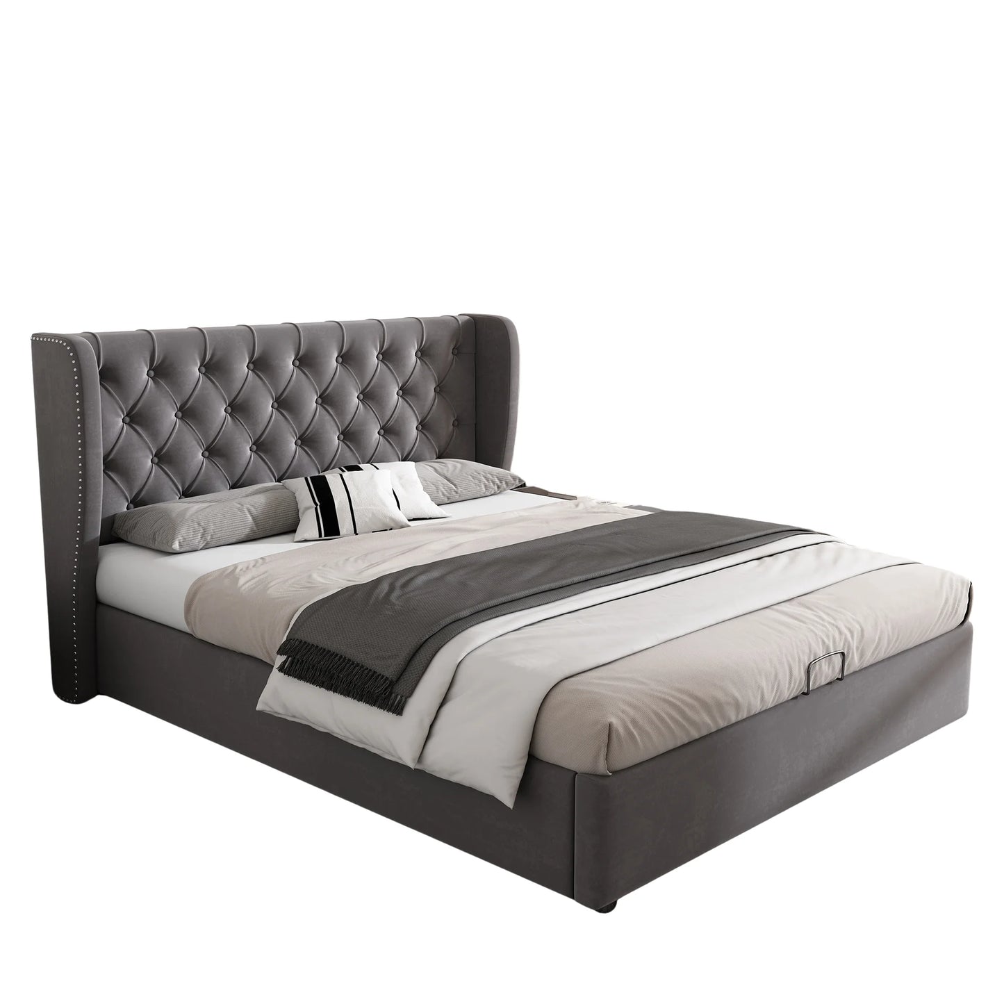 Bed – Tweepersoonsbed – Gestoffeerd Bed – Opbergbed – Velours Bed – Donkergrijs 140x190 cm – Hydraulische Opbergruimte – Lattenbodem