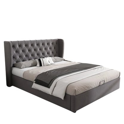 Bed – Tweepersoonsbed – Gestoffeerd Bed – Opbergbed – Velours Bed – Donkergrijs 140x190 cm – Hydraulische Opbergruimte – Lattenbodem