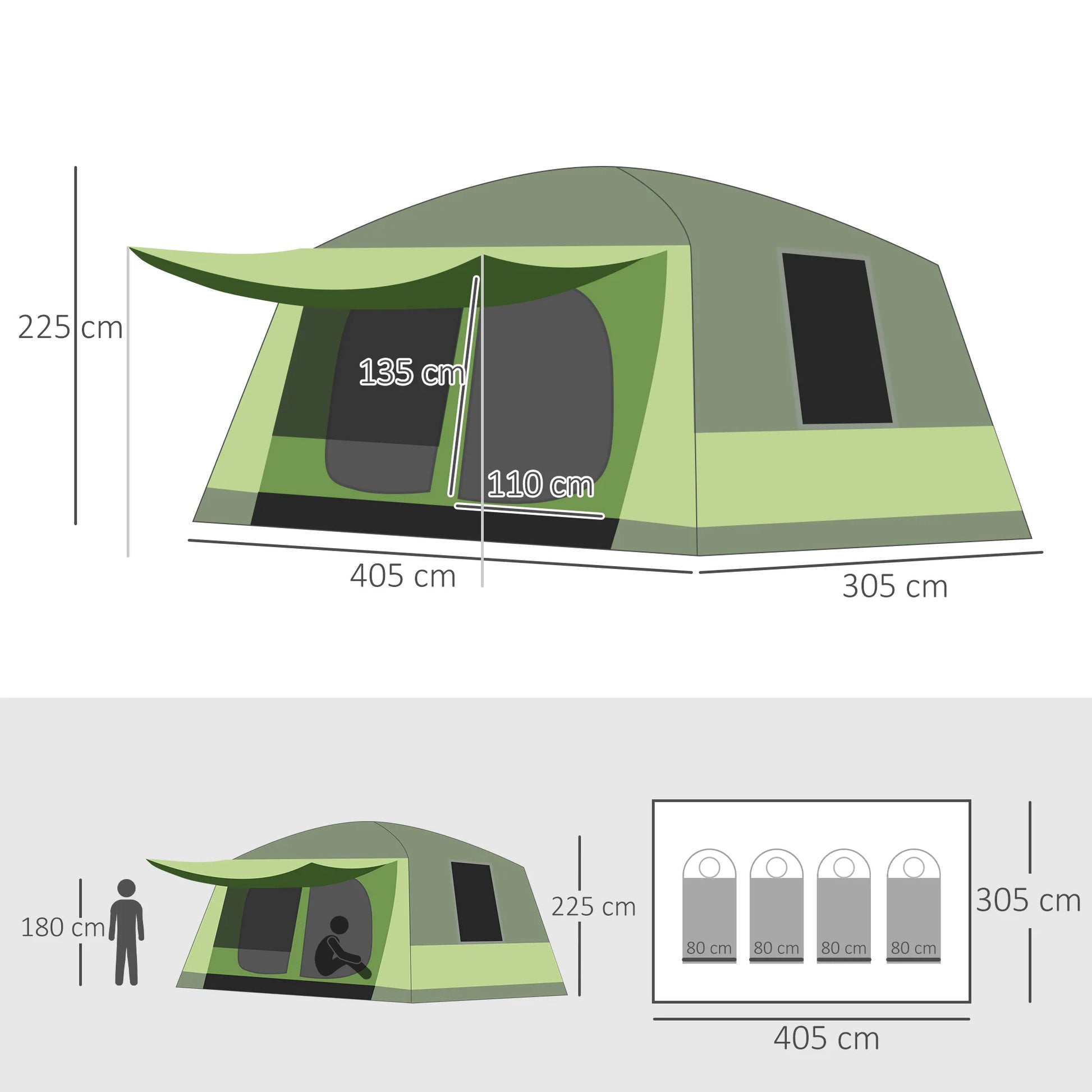 Familietent - 4 tot 8 Personen - Grote Kampeertent - Dubbele Compartimenten - UV-bescherming - Waterdicht - 405x305x225 cm - Groen - QUORE