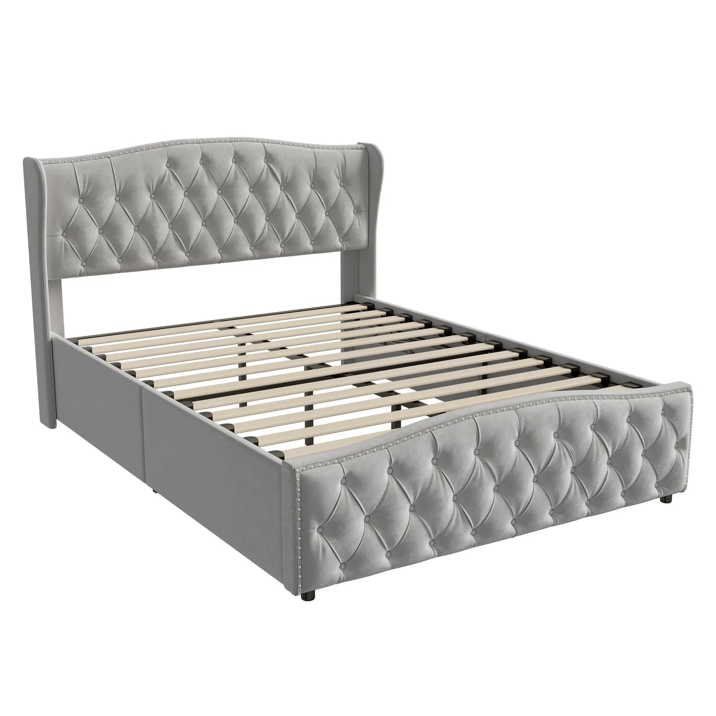 Velvet Bed – Slaapbed – Opbergbed – Bed Met Laden – Scandinavisch Bed – Ruime Opberglade – Stevig Houten Frame - Lichtgrijs - 140 x 200 cm