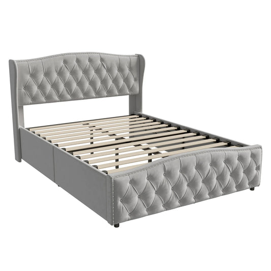 Velvet Bed – Slaapbed – Opbergbed – Bed Met Laden – Scandinavisch Bed – Ruime Opberglade – Stevig Houten Frame - Lichtgrijs - 140 x 200 cm