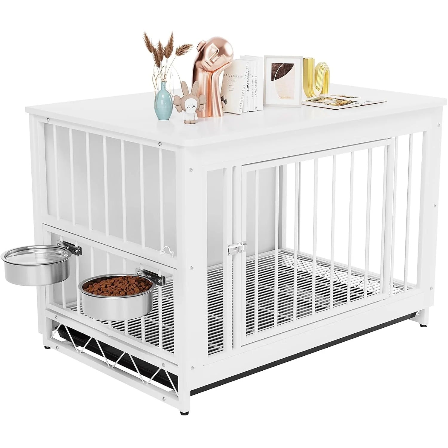 Hondenbench – Hondenkooi – Hondenhok – Hondenbench houten – Hondenbench medium – 2 Draaibare Roestvrijstalen Voerbakken – Stevige MDF Houten Constructie- 39inch - Wit - QUORE