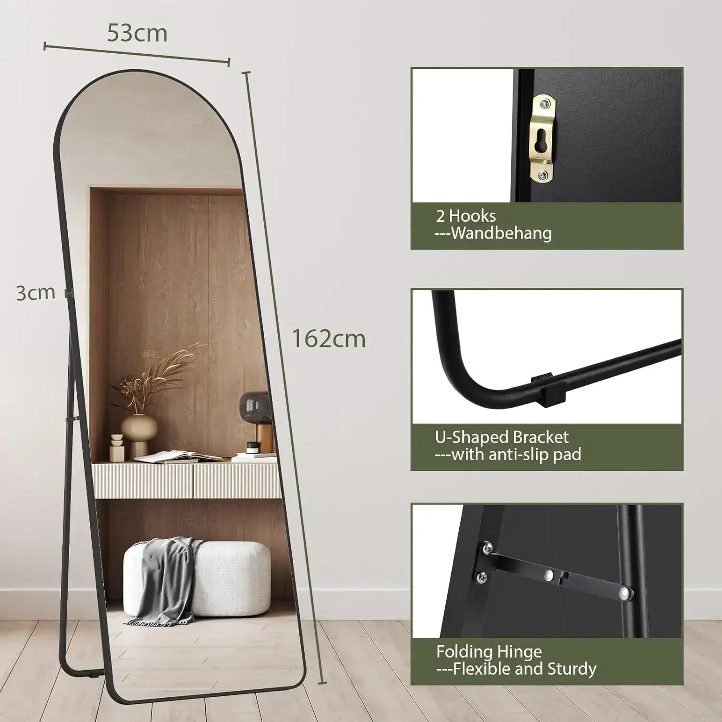 Spiegel - 162x53 cm – Spiegel Staand - Wandspiegel - Full Length - Rechthoekig Design - met Slanke Metalen Frame - Kristalhelder HD Glas - 3-in-1 Gebruik - Zwart Boogvormig - QUORE