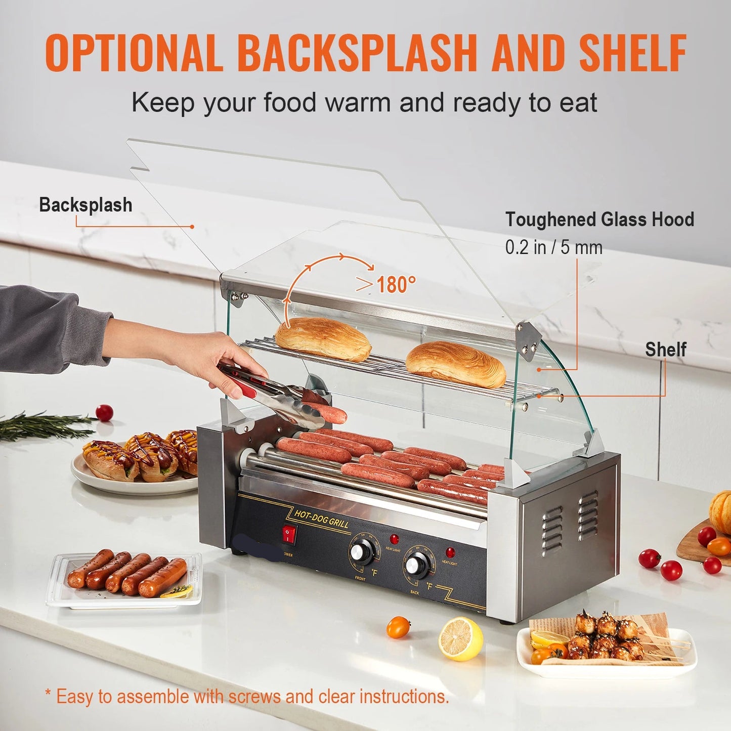 Hotdog Grill Machine - Hotdog Grill - Hotdogroller - 7 RVS Rollen - 750W - Elektrische Grill - met Deksel - Twee Temperatuurregelaars - Spatwand en plank - voor Keuken - en Feestjes - Capaciteit 12 Stuks