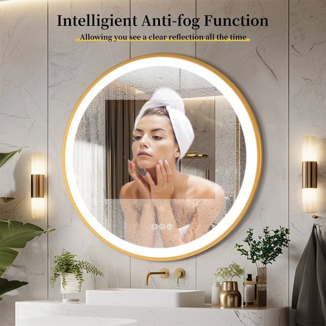 Ronde Badkamerspiegel – Verlichte Spiegel – LED Spiegel – Wandspiegel – Luxe Gouden Aluminium Frame – 80 cm – Anti-Fog & Dimbare Verlichting