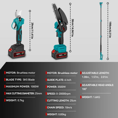 Mini Kettingzaag - Kettingzaag - Snoeizaag - Takkenzaag - Handzaag - Telescoop Kettingzaag - 3500W - 3-in-1  - Automatische Kettingsmering - Brushless - Tuin Schaar Snoei Gereedschap -  2 Batterij EU Stekker - QUORE