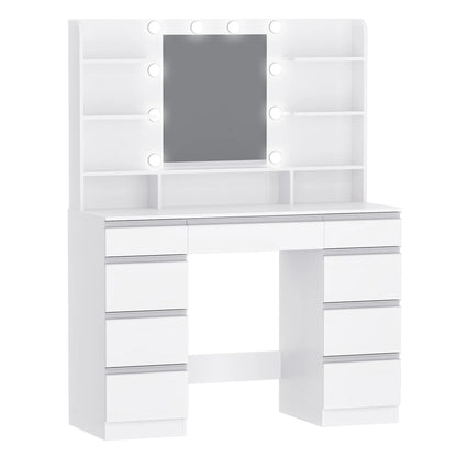 Kaptafel – Make-Up Tafel – Visagie Spiegel – Beauty Table – Met Dimbare LED-Verlichting – 9 Lades - QUORE