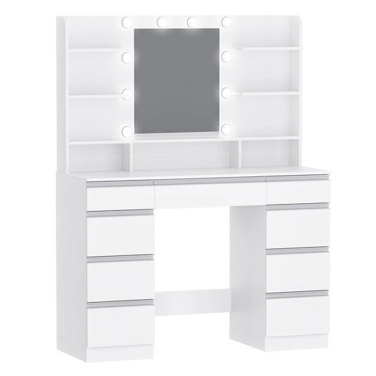 Kaptafel – Make-Up Tafel – Visagie Spiegel – Beauty Table – Met Dimbare LED-Verlichting – 9 Lades - QUORE
