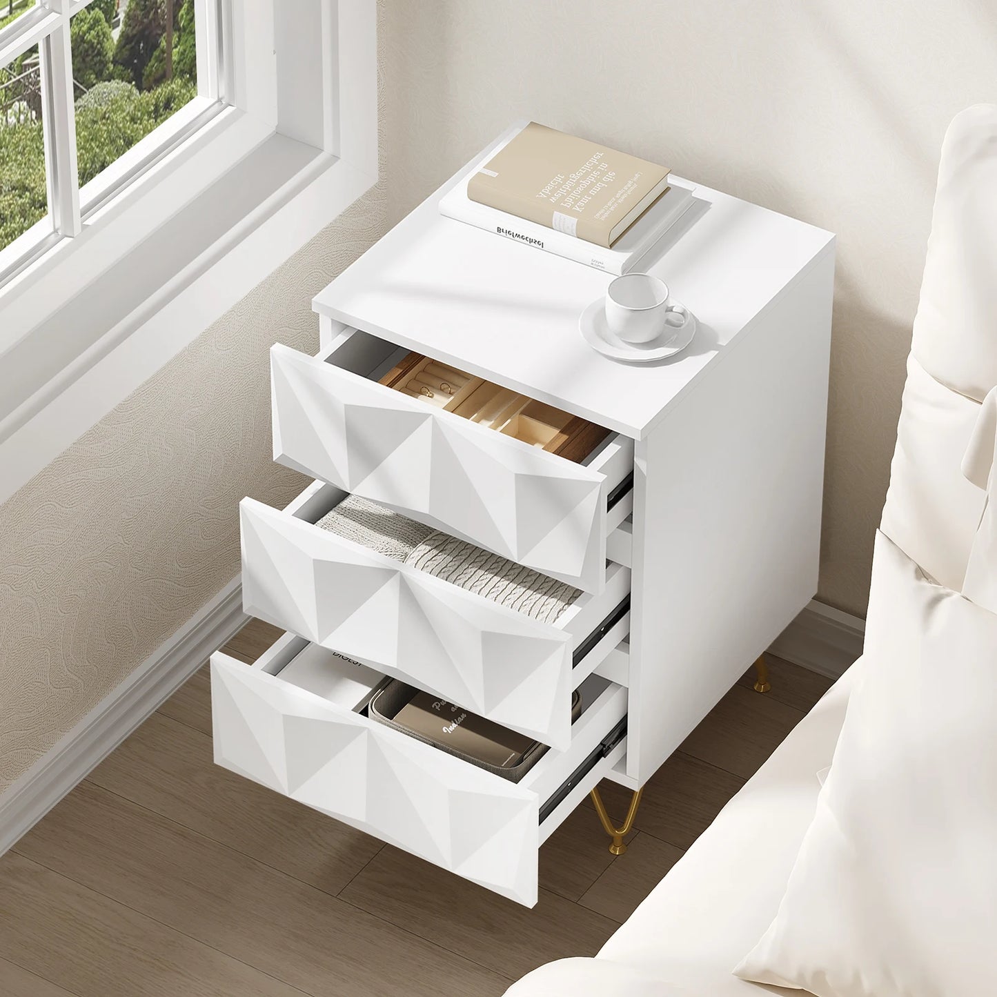 Nachtkastje - Salontafel - Bijzet - MDF - Opbergeenheid - met 3 Lades - 40x53x40cm - voor Slaapkamer - Woonkamer - Interieurdecoratie - Wit
