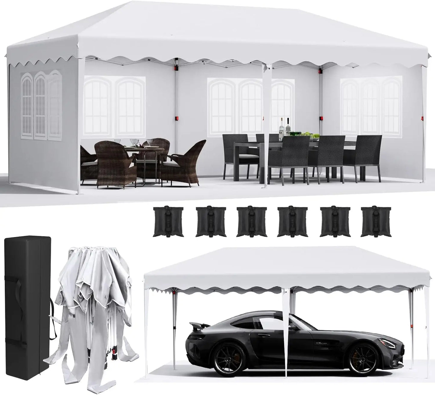 Partytent – Pop-Up Tuinfeesttent – Tuinoverkapping – Schaduwtent – Markttent – Waterdicht 420D Oxford – Verstelbare Hoogte - 3x6m - Wit
