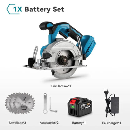 Accu Cirkelzaag - 125 mm Zaagblad - Handcirkelzaag - 0-45° Verstekzaag - Brushless Motor - Voor Hout - PVC - en Tegels - 10800RPM - 2 Accu's met 1 Lader