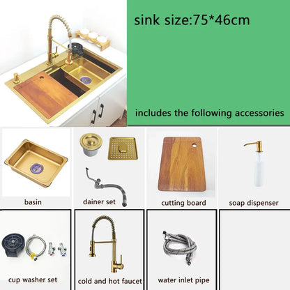 gold Waterfall faucet kichen sink Nano sink 304 Stainless Steel Golden Topmount Single Bowl Wash Basin 4 function kitchen faucet