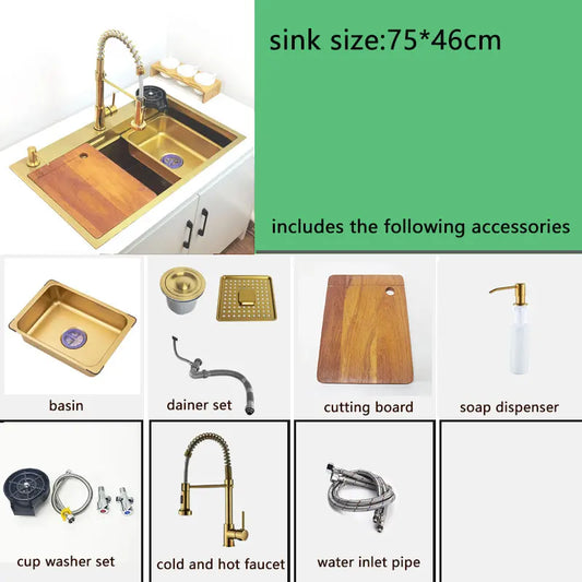 gold Waterfall faucet kichen sink Nano sink 304 Stainless Steel Golden Topmount Single Bowl Wash Basin 4 function kitchen faucet