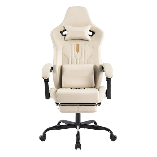 Gaming Stoel - Gamestoel - Bureaustoel - Computerstoel - Ergonomische Gaming Chair - PU Leder Bureaustoel -  met Nekkussen & Verstelbaar Rugkussen - Met beensteun - voor Comfortabel Gamen en Werken - Crème