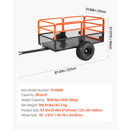 Tuinwagen – Tuinkar – Aanhanger – Tuinbak – Transportwagen – 28 Kubieke Voet Laadruimte – Draagvermogen 800 Kg - 28 Kubieke Voet - QUORE