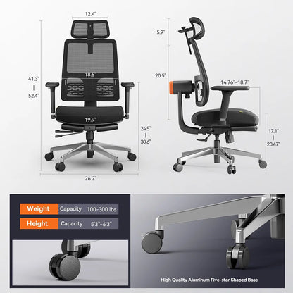 Ergonomische Bureaustoel - Gaming Stoel - Stoelen - Bureaustoelen - met Voetsteun - Auto-Volgende Rug -en Hoofdsteun - 4D Armleuningen - Verstelbare Lendensteun - Voor Thuiswerk & Kantoor - Zilver