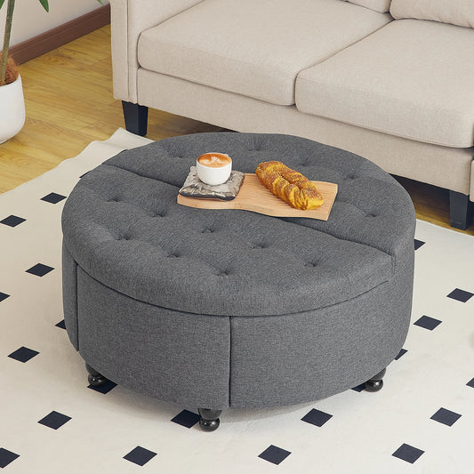 Coffee Table - Table - Coffe table - Living Room Table - Round Storage Ottoman 35 inch - Modern Tufted Coffee Table with Flap - Upholstered Footstool for Living Room and Bedroom - Gray