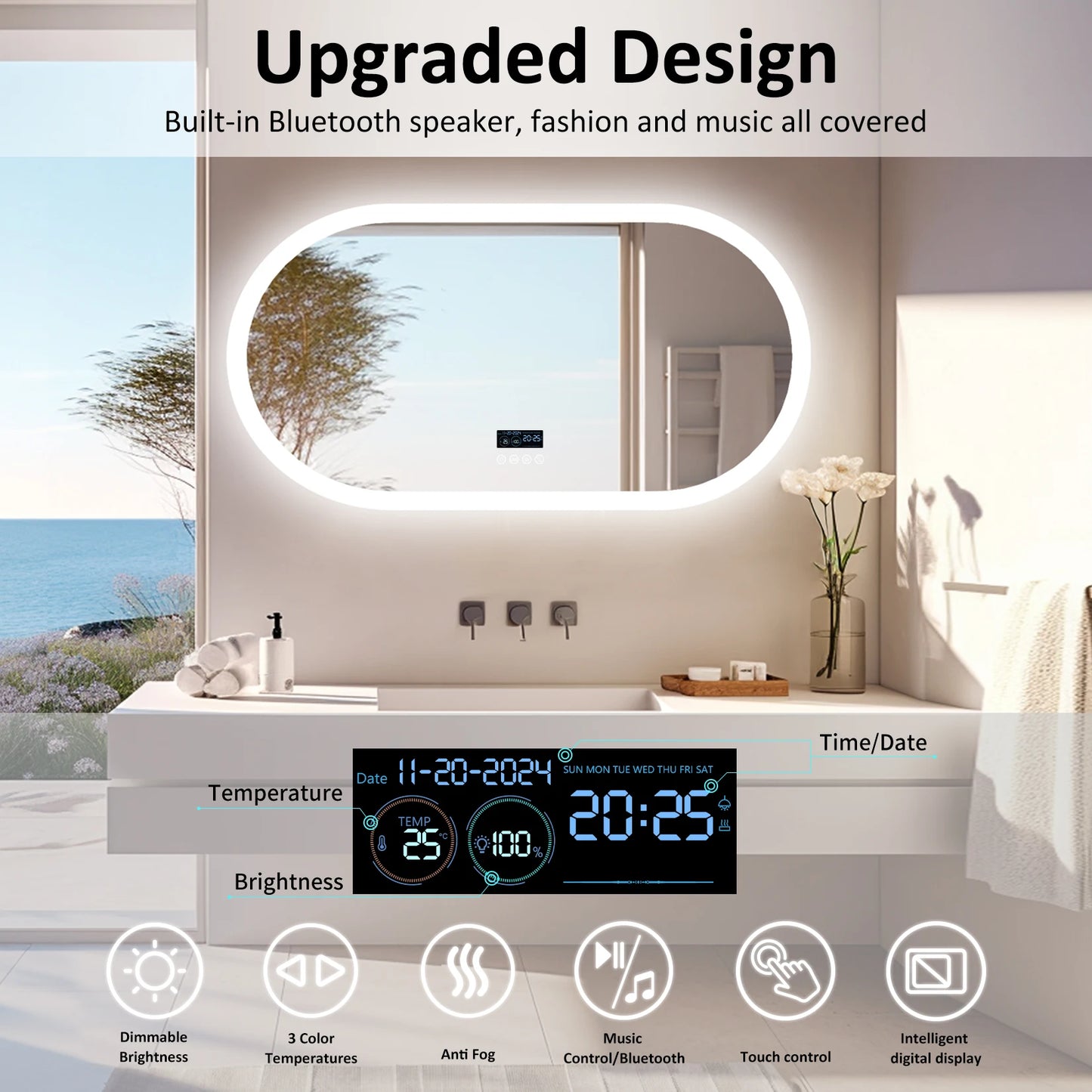 Ovaal LED Badkamerspiegel – Spiegels – Make-up Spiegel – Wandspiegel – Slimme Badkamer Spiegel – 120x60 cm – Bluetooth Speaker – Anti-Fog Functie - QUORE
