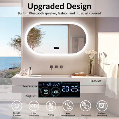 Ovaal LED Badkamerspiegel – Spiegels – Make-up Spiegel – Wandspiegel – Slimme Badkamer Spiegel – 120x60 cm – Bluetooth Speaker – Anti-Fog Functie - QUORE