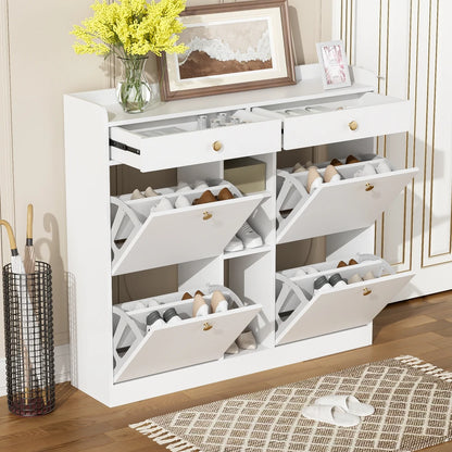 Schoenenkastje – Schoenenrek – Schoenenopbergkast – Halmeubel – Entreekast – Wit – 110x26x100 cm – 4 Klapdeuren Met 2 Lades - QUORE