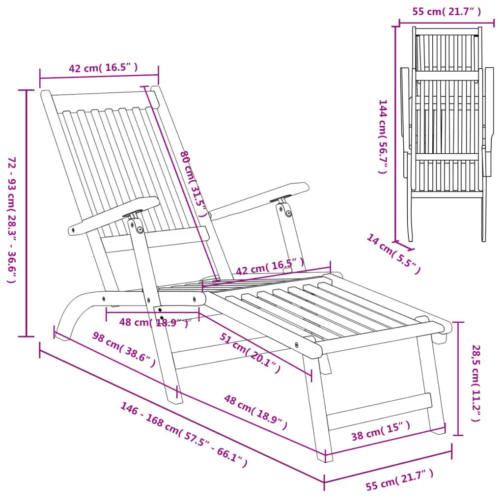 Tuinset – Loungestoel – Tuinmeubel – Lounge Set – Verstelbare Rugleuning – Massief Acaciahout – Opvouwbaar Ontwerp - 55 x 146-168 x 72-93 cm - Houtkleur
