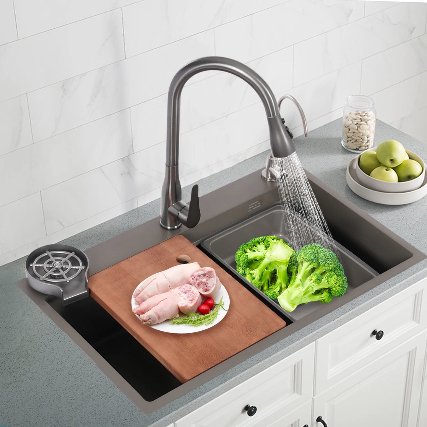 Spoelbak – Keukenspoelbak – Wasbak – Inbouwspoelbak – Horeca Spoelbak – Multifunctionele Uittrekbare Kraan – 304 Roestvrij staal met Nano-coating – Groot Formaat 75x45x22 cm – Grijs
