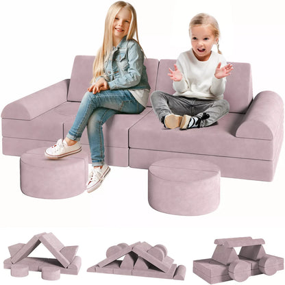 Zetel - Kinderbank - Kinderzetel - Bankje - Bank - Modulaire - Sectie Sofa - Fortplay Meubel - voor Slaapkamer en Speelkamer – Converteerbare Schuim & Vloerkussen - Roze