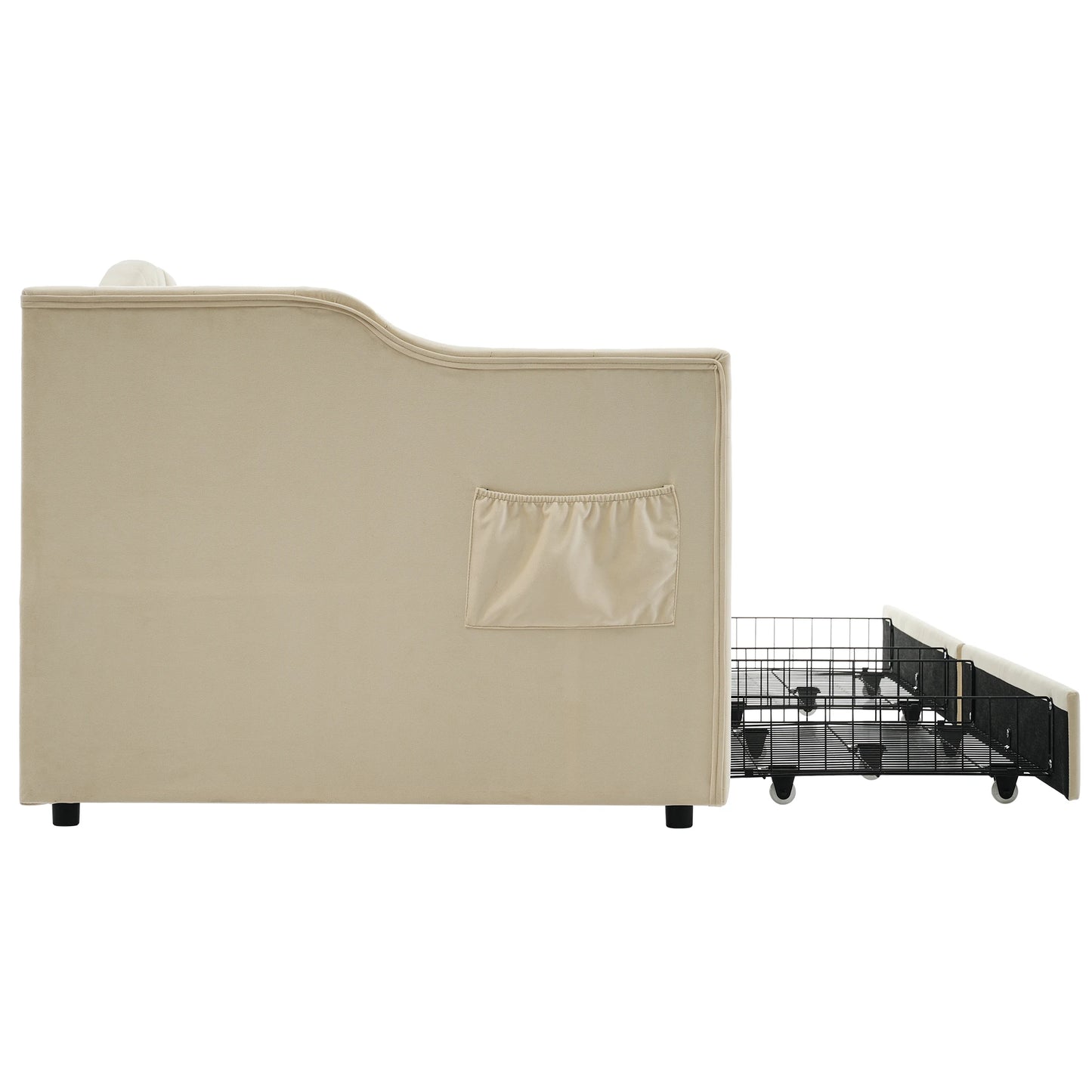 Slaapbank – Bedbank – Logeerbank – Bedbank Met Opbergruimte – Beige Fluwelen Slaapbank 90x200 cm – Met USB Type-C Oplaadpoort – Inclusief 2 Lade Opbergruimtes