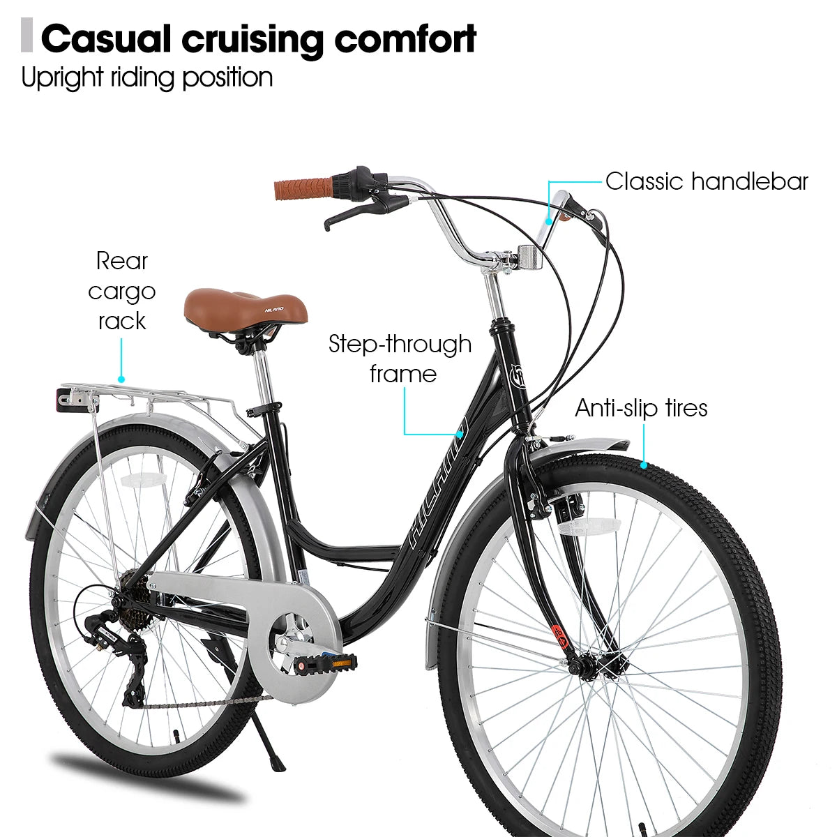HILAND 26 inch Complete Beach Cruiser Bike for Adults, 7 Speed Step-Through Frame Womens Bicycle with Rear Rack, Retrospec Bike - QUORE