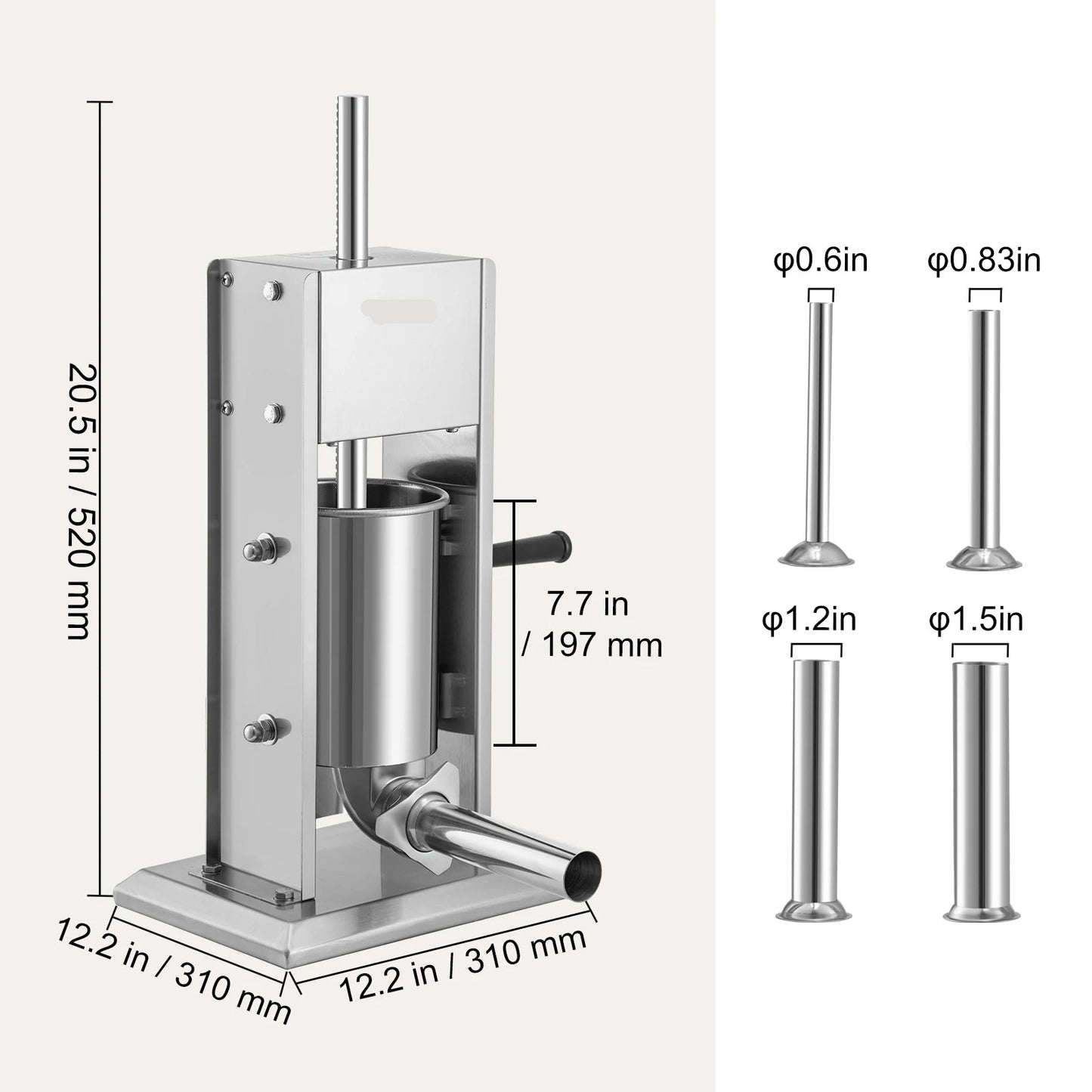 Worstenvuller – Worstenmaker - Worstmachine - Professionele 5L RVS Worstenvuller - Handmatige Verticale Worstmaker - Inclusief 5 Vulbuizen