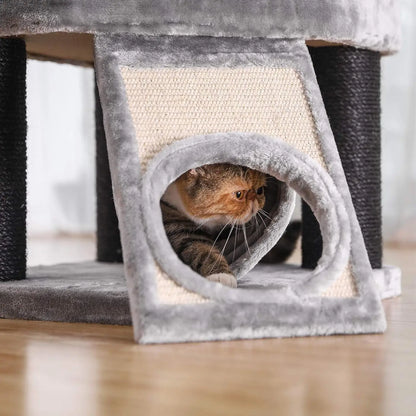 Krabpaal - voor Grote Katten - Kattenpaal - met Hangmat - 141 cm - Meerdere Verdiepingen - Stabiele Basis Cave - Krabplank - Dikke Sisal Kolommen - Arbre a Chat - Hoge Stabiliteit - Zachte Pluche Kussens - Grijs - QUORE