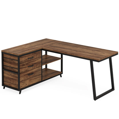 Bureau - Game Bureau - Hoekbureau - Gaming Bureau - 3 Lades - 53 Inch - L-Vormig Bureau - Reversibel Ontwerp - Computertafel - Industrieel Kantoormeubilair - Chocolade Afwerking