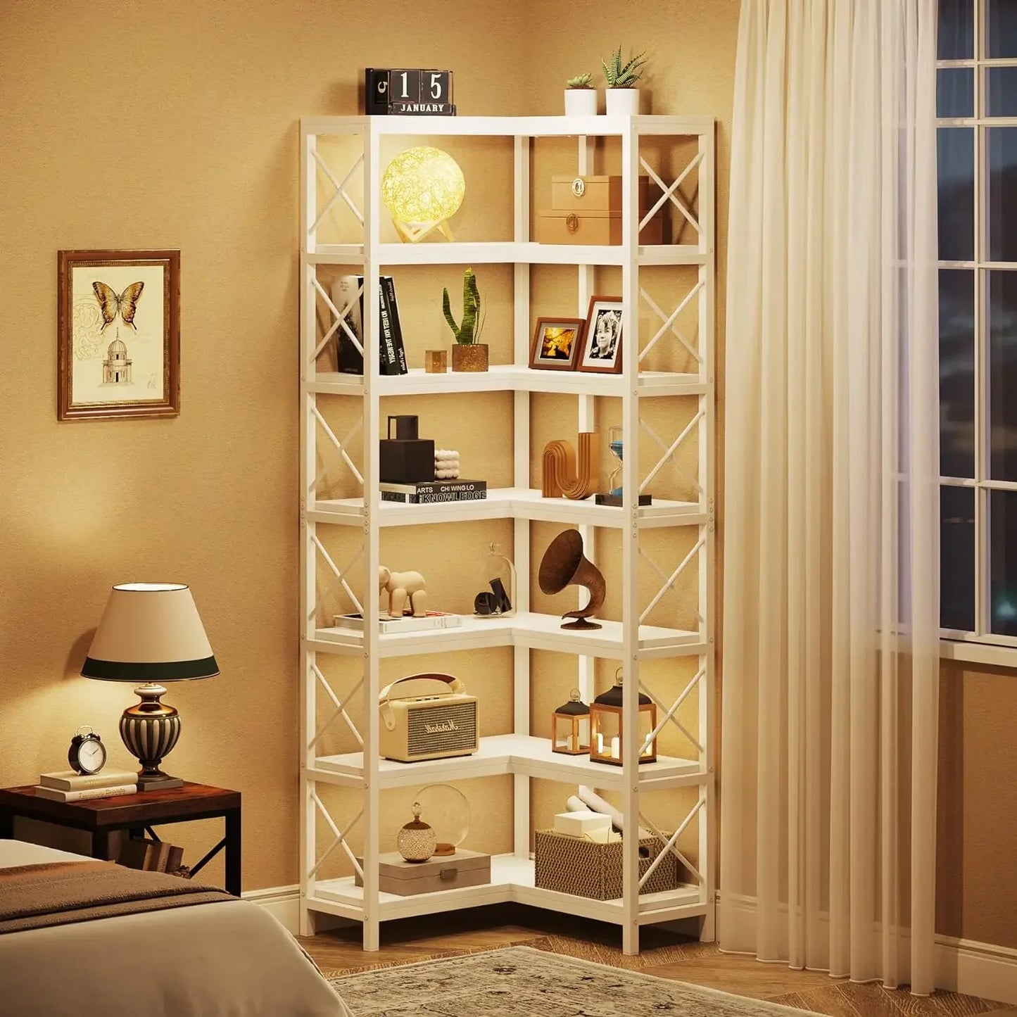 Hoekboekenkast – Hoekkast – Boekenkast – Opbergkast – L-vormig – 7 Planken – MDF Metalen Frame