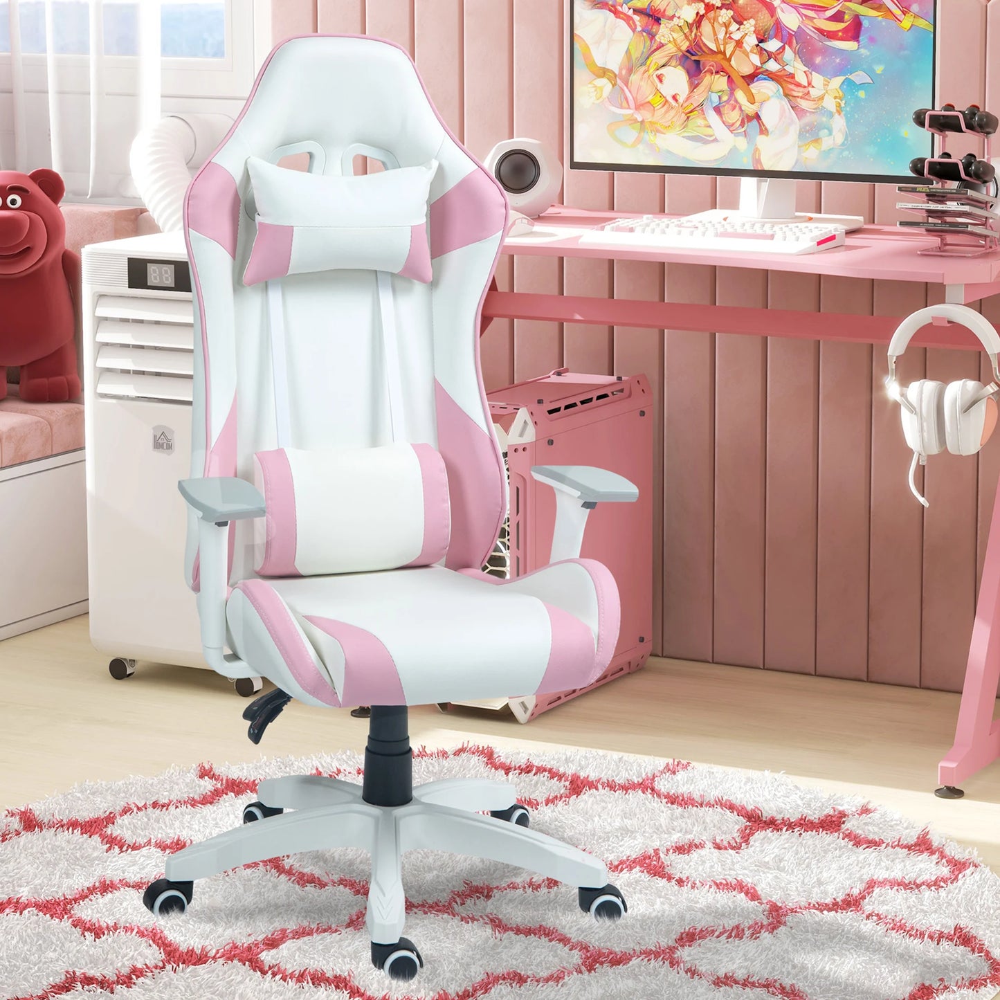 Gamingstoel – Bureaustoel – Computerstoel – Werkstoel – Ergonomisch Ontwerp – Verstelbare Armleuningen - 67 x 60 x 120-128 cm - Roze - QUORE