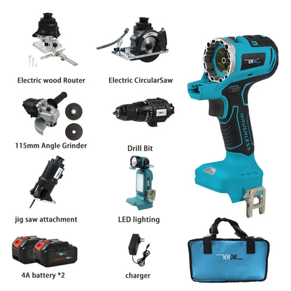 Accuboormachine – Boormachine – Klopboormachine – Schroefboormachine – Slijpmachine – 5-in-1 Multifunctionele Set – 18V/20V Lithium-ion Accu – Verwisselbare Accessoires